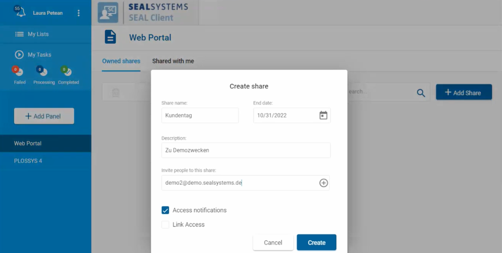 Web Portal view when creating a share with public access